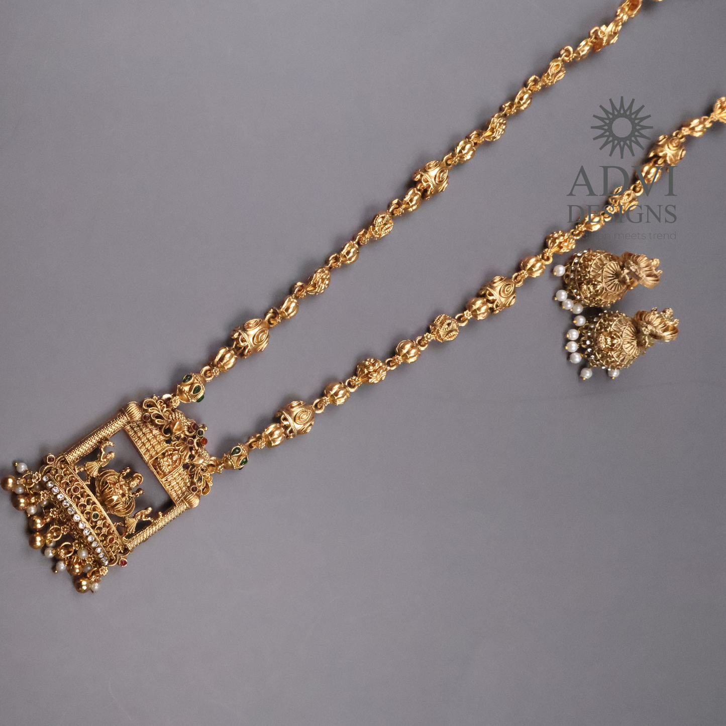 Lakshmi Temple Long Haram Necklace Set with Jhumka Earrings | Antique Gold Finish