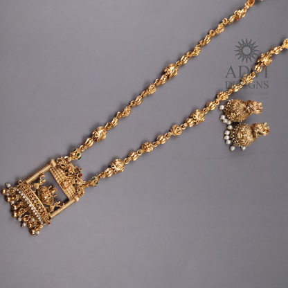 Lakshmi Temple Long Haram Necklace Set with Jhumka Earrings | Antique Gold Finish
