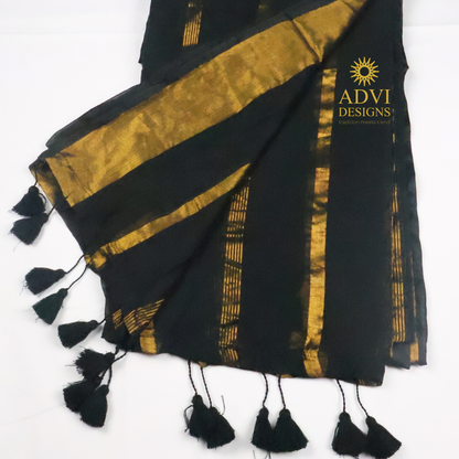 Black Mul Cotton Saree with Gold Zari Stripes