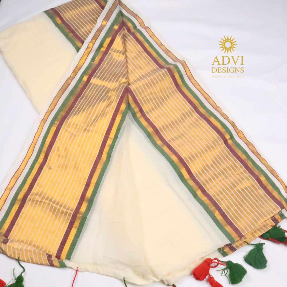Cream Mul Cotton Saree with Multicolour Striped Border