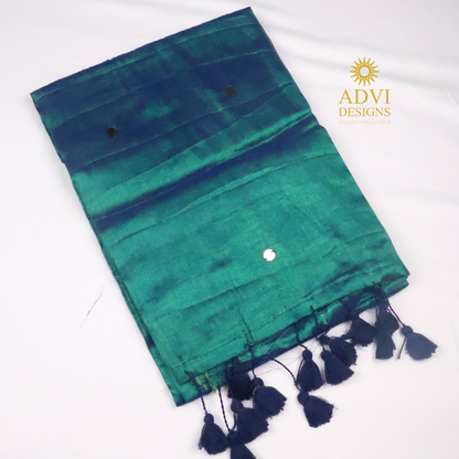 Peacock Green Gini Tissue Saree with Navy Blue Accents