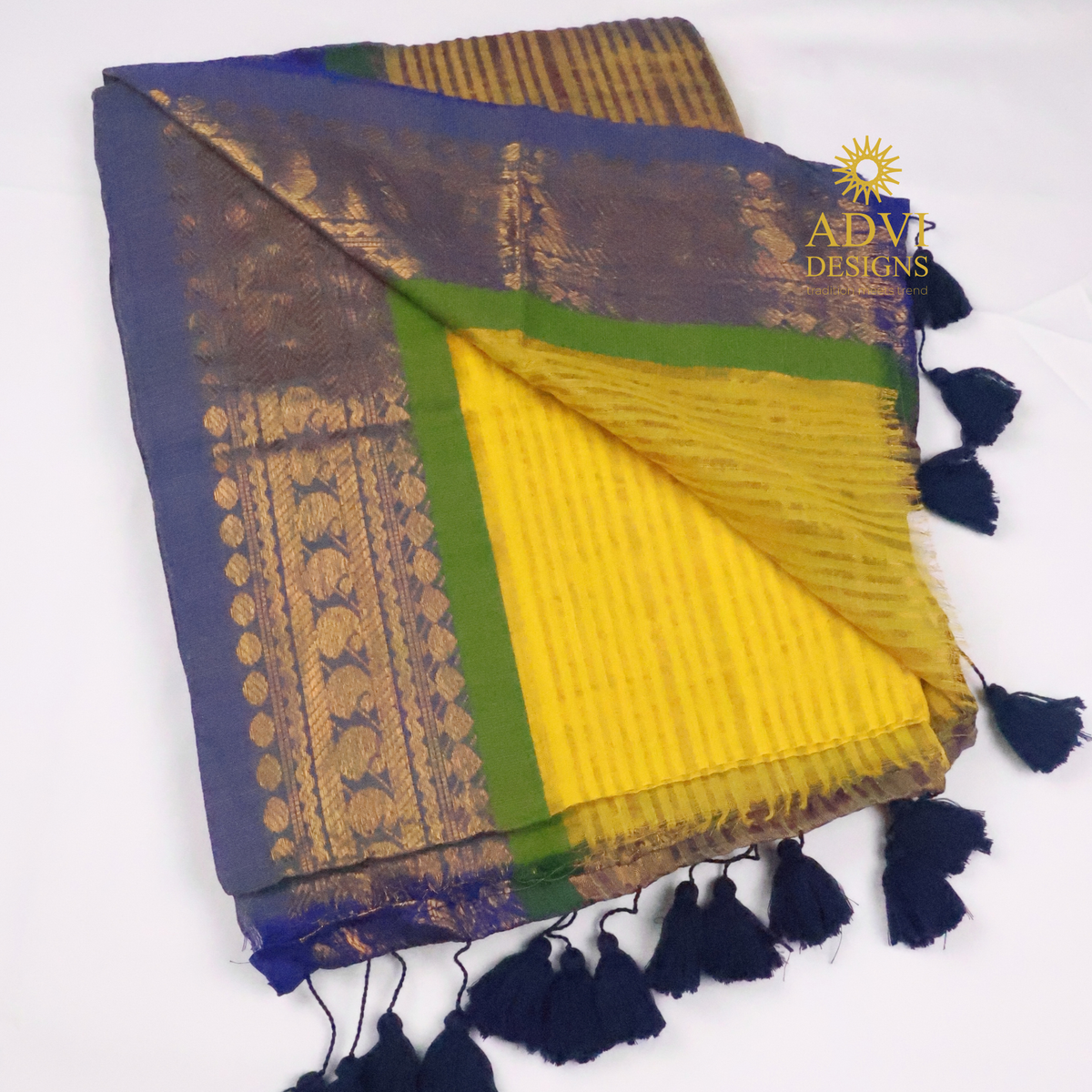 Royal Blue & Mustard Mul Cotton Saree with Woven Border