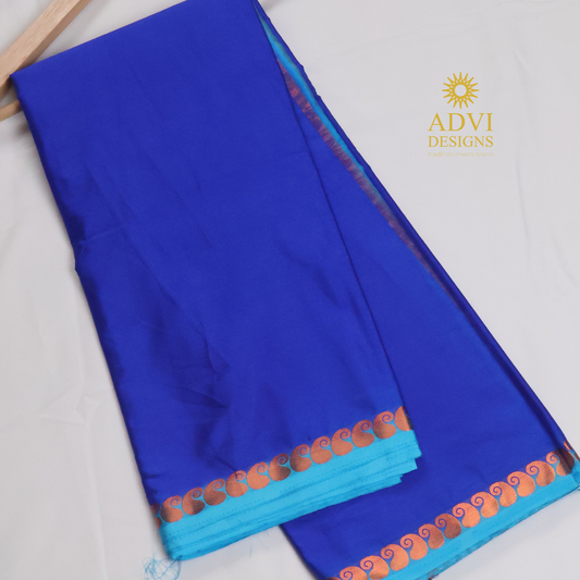 Royal Blue & Sky Blue Semi Mysore Crepe Silk Saree with Striped Pallu