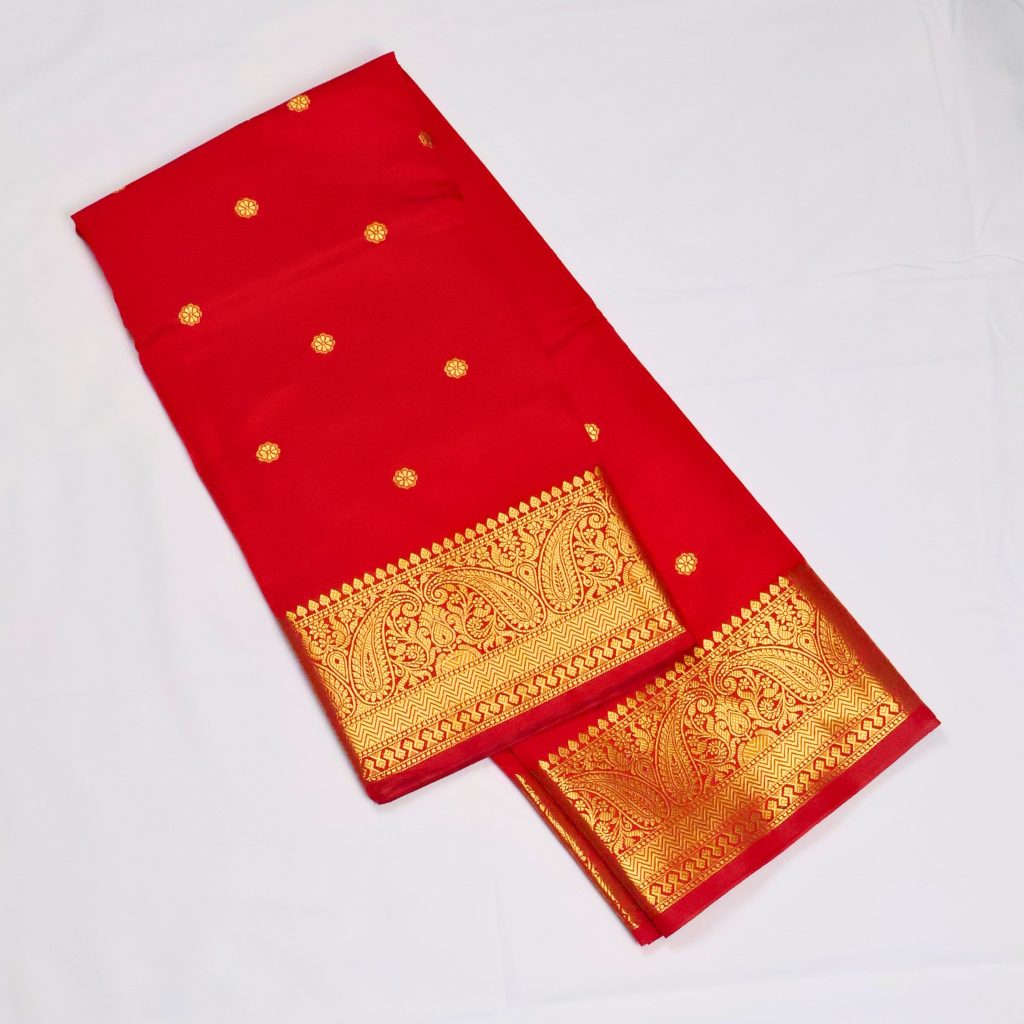 Chilli Red Banarasi Semi Katan Silk Saree with Rich Gold Zari Border