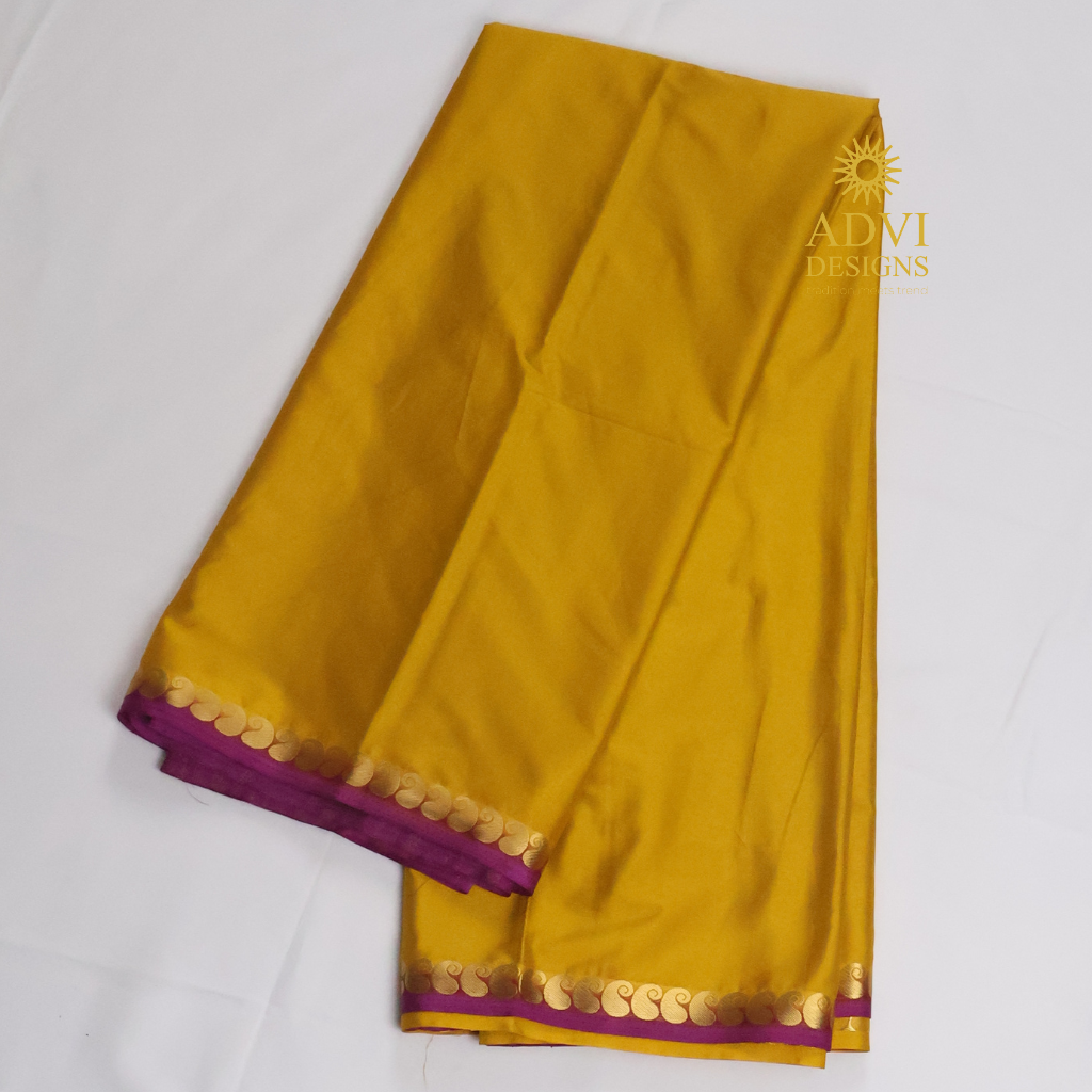 Mustard Yellow & Magenta Semi Mysore Crepe Silk Saree with Striped Pallu