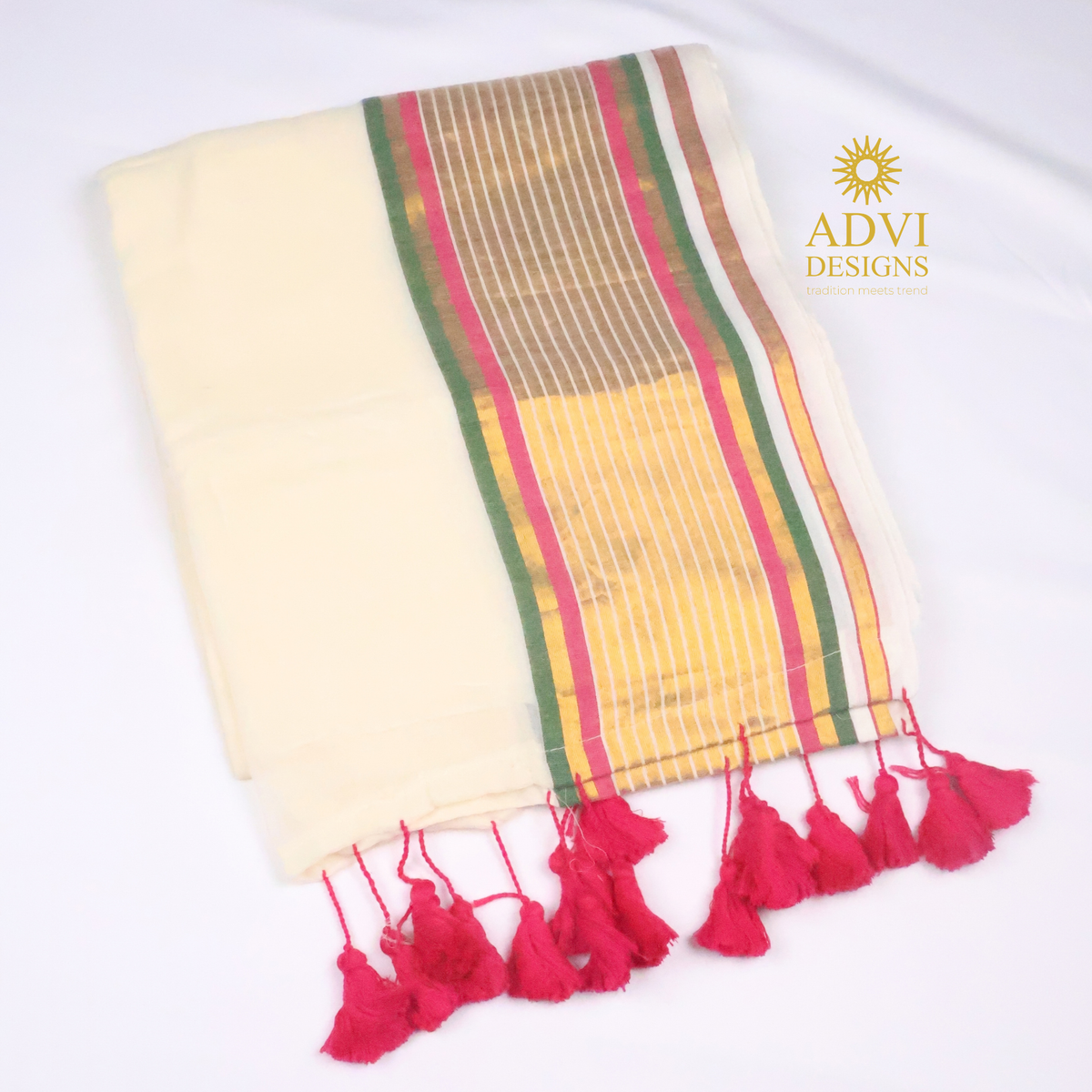 Cream Mul Cotton Saree with Multicolour Striped Border