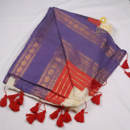 Purple & Cream Mul Cotton Saree with Zari Border