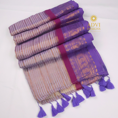 Lavender & Beige Mul Cotton Saree with Woven Zari Border