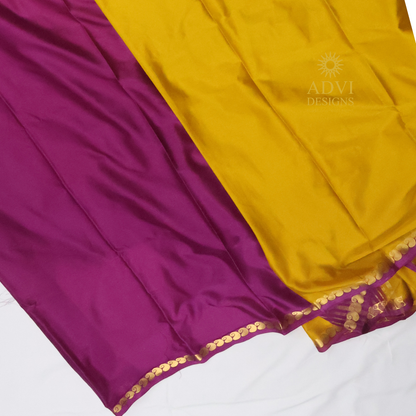 Mustard Yellow & Magenta Semi Mysore Crepe Silk Saree with Striped Pallu