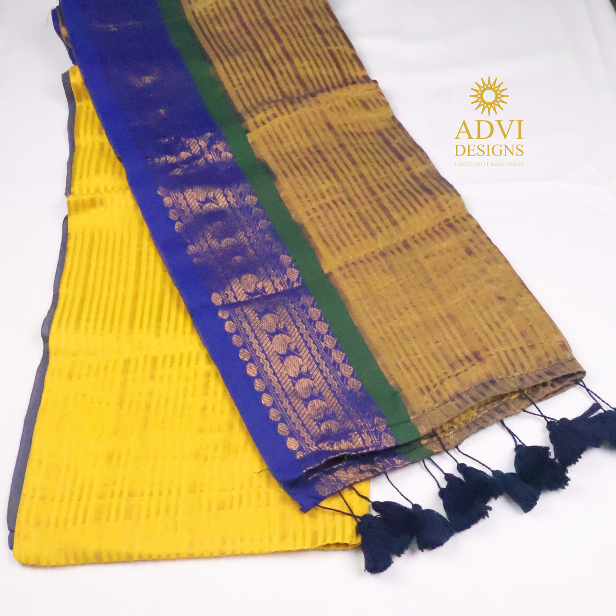 Royal Blue & Mustard Mul Cotton Saree with Woven Border