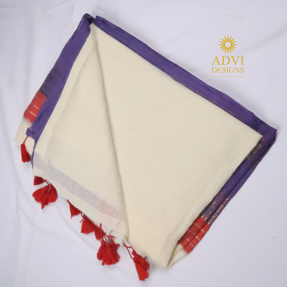 Purple & Cream Mul Cotton Saree with Zari Border