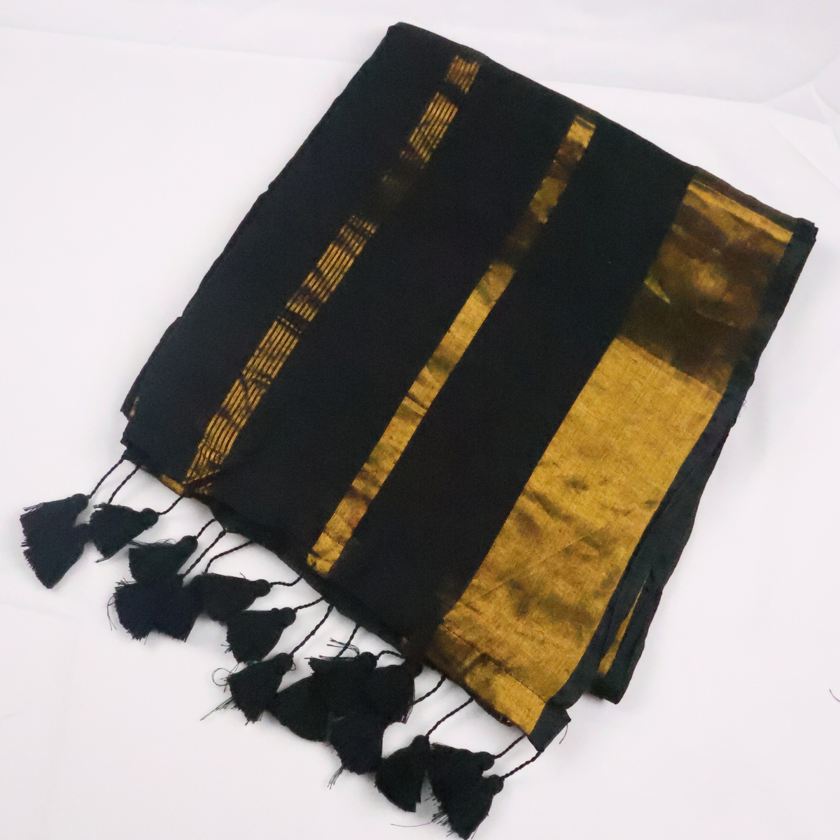 Black Mul Cotton Saree with Gold Zari Stripes