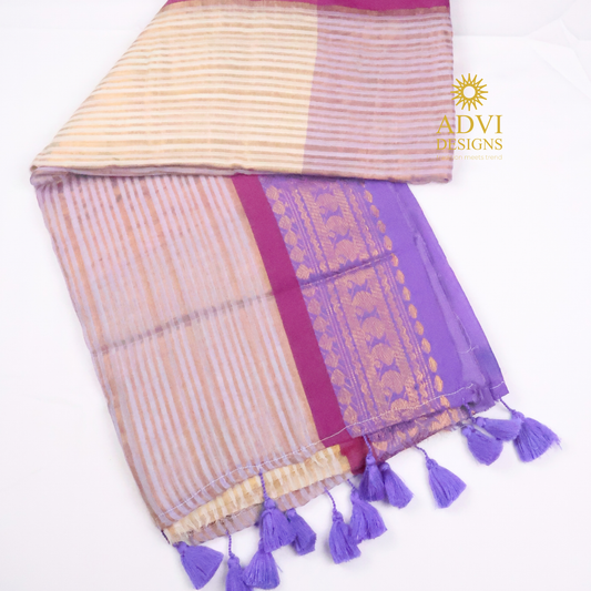 Lavender & Beige Mul Cotton Saree with Woven Zari Border