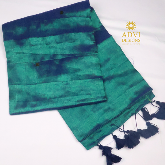 Peacock Green Gini Tissue Saree with Navy Blue Accents