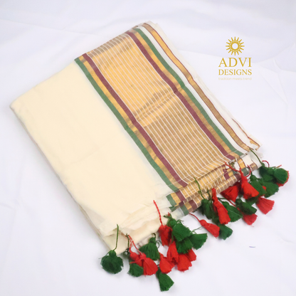 Cream Mul Cotton Saree with Multicolour Striped Border