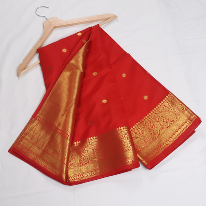 Chilli Red Banarasi Semi Katan Silk Saree with Rich Gold Zari Border