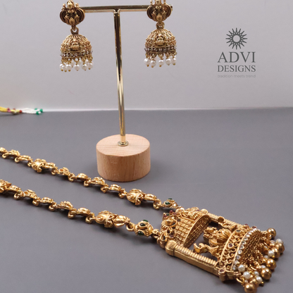 Lakshmi Temple Long Haram Necklace Set with Jhumka Earrings | Antique Gold Finish