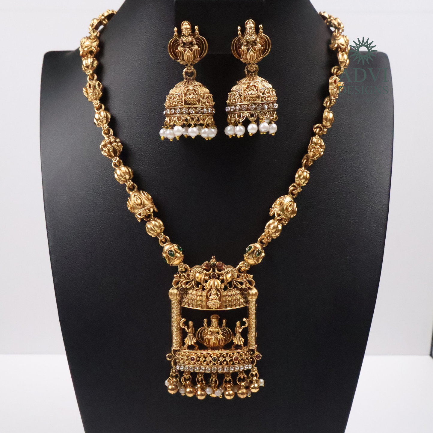 Lakshmi Temple Long Haram Necklace Set with Jhumka Earrings | Antique Gold Finish