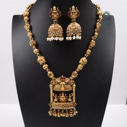 Lakshmi Temple Long Haram Necklace Set with Jhumka Earrings | Antique Gold Finish