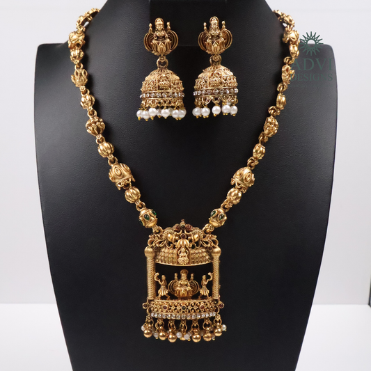 Lakshmi Temple Long Haram Necklace Set with Jhumka Earrings | Antique Gold Finish