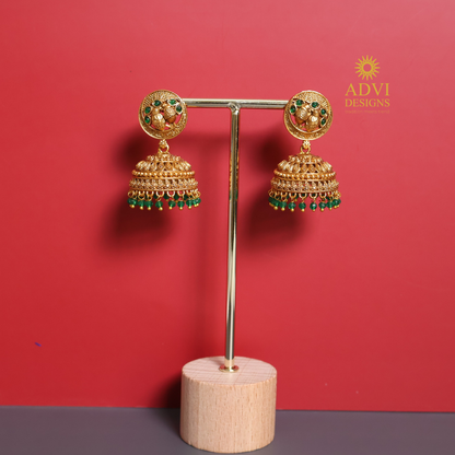 Antique Gold Jhumka Earrings with Green Bead Drops