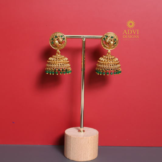 Antique Gold Jhumka Earrings with Green Bead Drops
