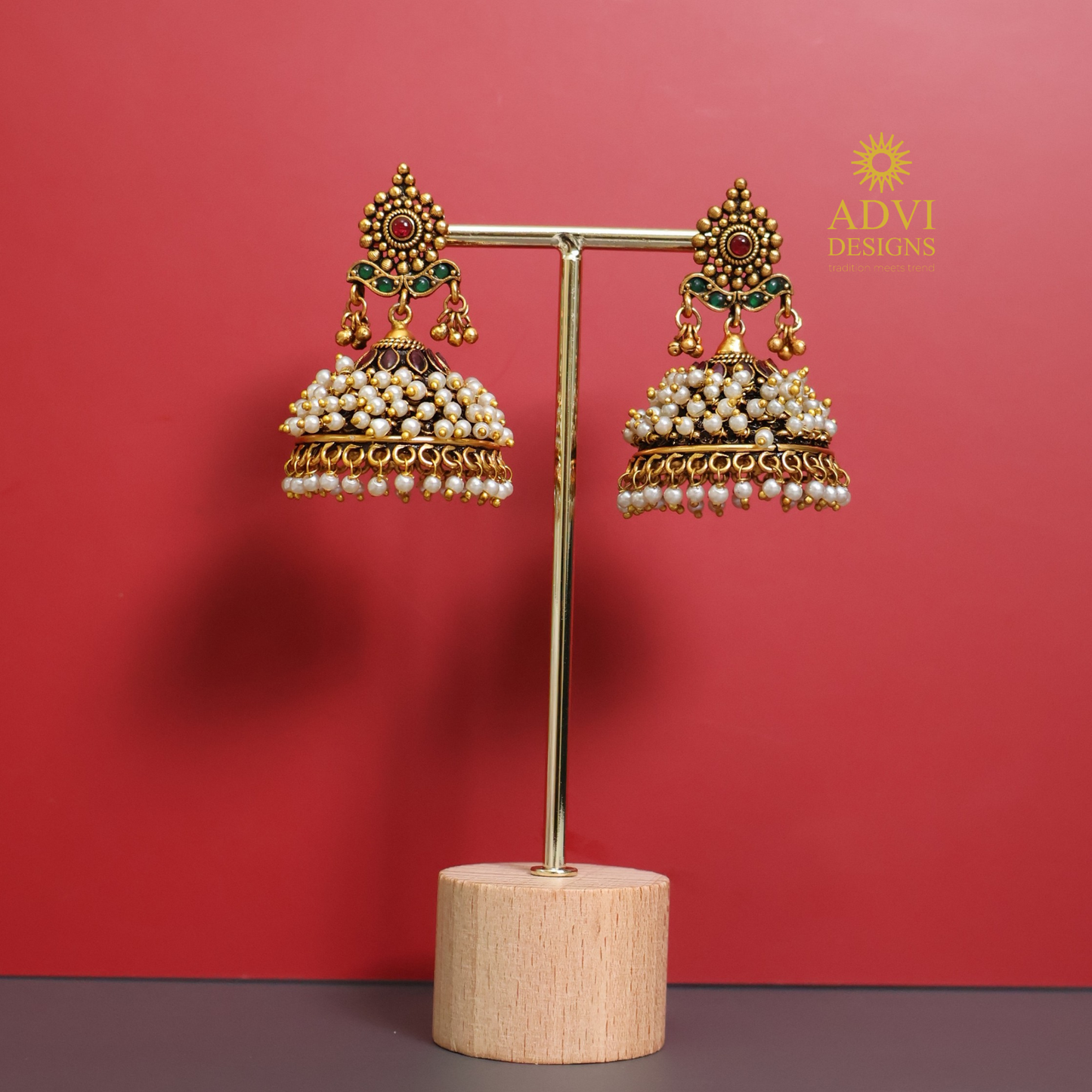 Antique Gold Pearl Jhumka Earrings with Ruby & Emerald Accents