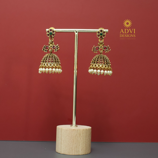 Antique Gold Pearl Drop Jhumka Earrings