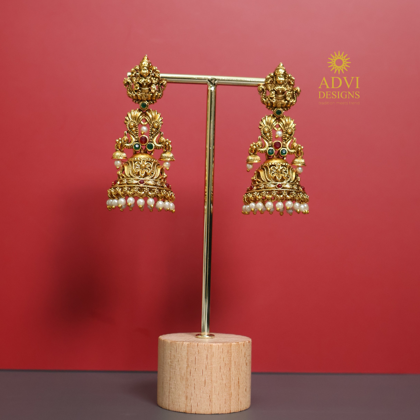 Temple Peacock Jhumka Earrings with Pearl Drops