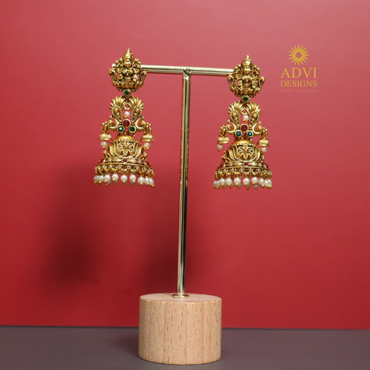 Temple Peacock Jhumka Earrings with Pearl Drops