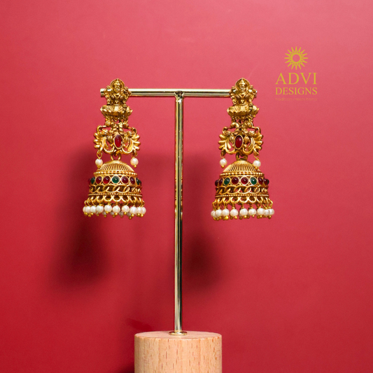 Antique Gold Lakshmi Jhumka Earrings with Pearl Drops