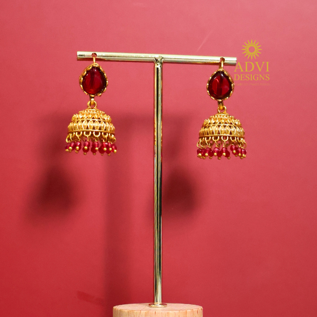 Antique Gold Ruby Stone Mini Jhumka Earrings