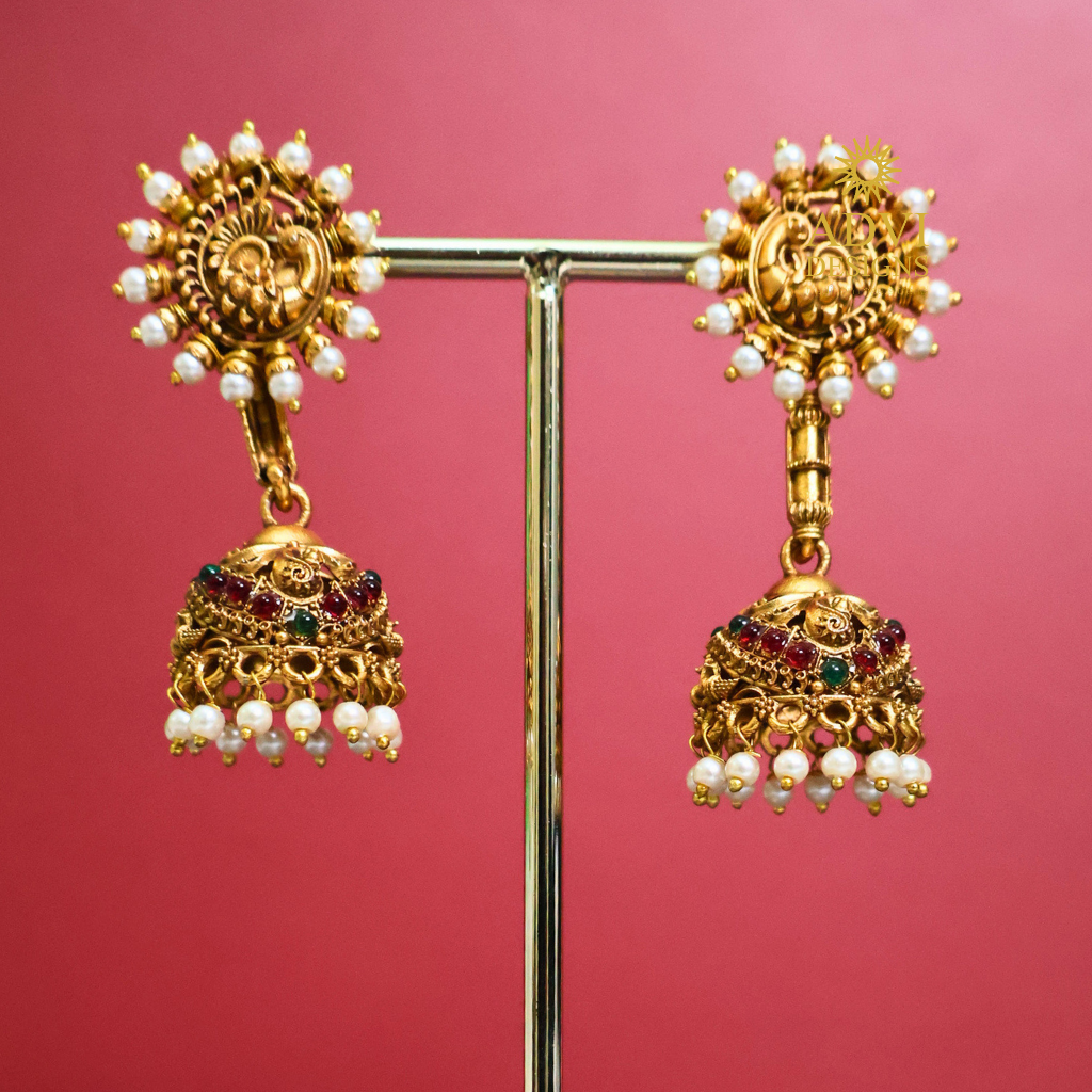 Antique Gold Peacock Pearl Jhumka Earrings