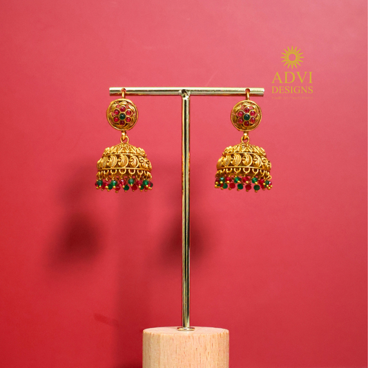 Antique Gold Ruby & Emerald Bead Jhumka Earrings