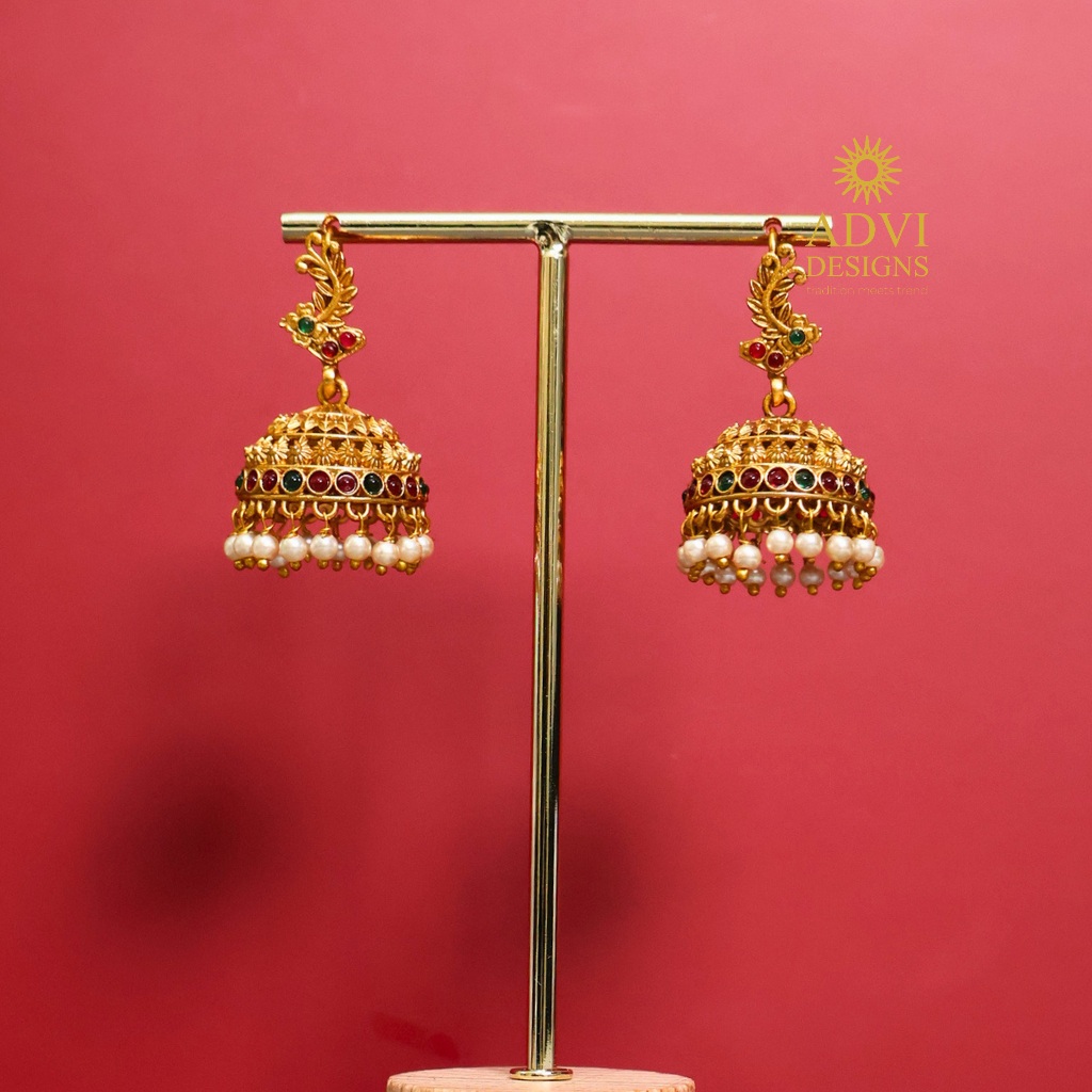 Antique Gold Pearl Drop Jhumka Earrings with Ruby & Emerald Accents