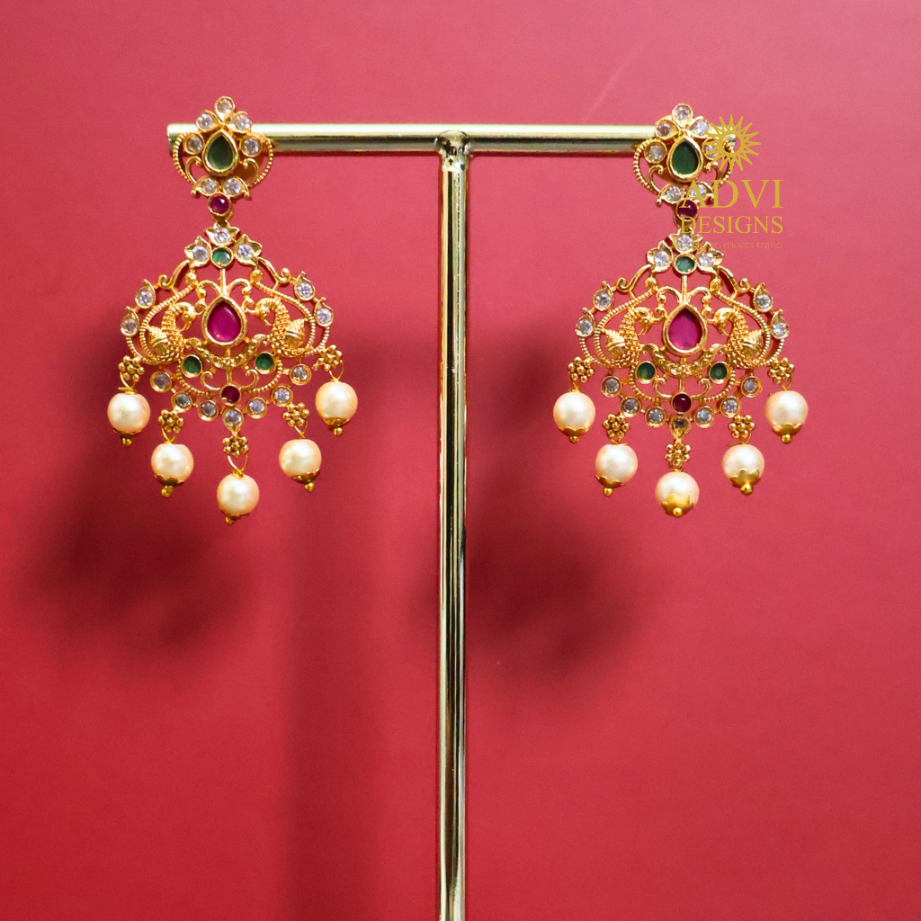 Antique Gold Peacock Chandbali Earrings with Pearls