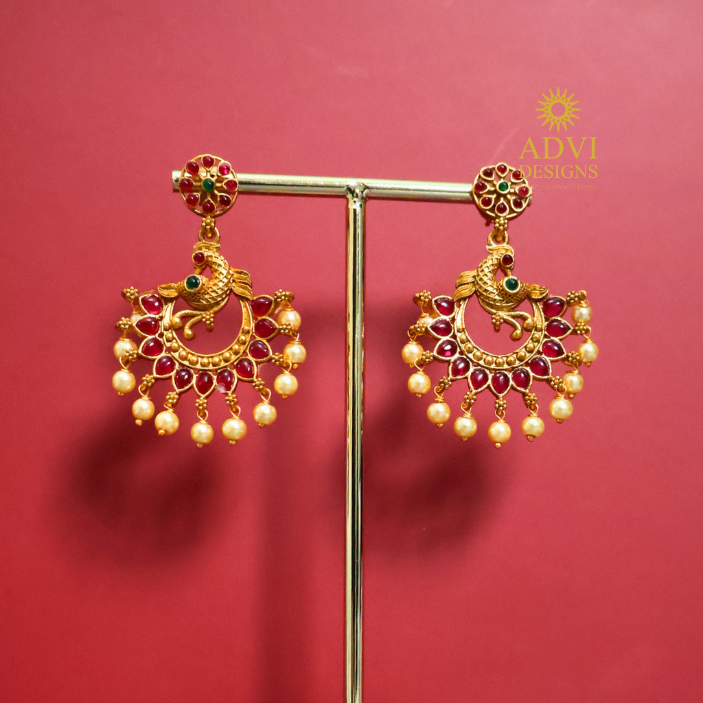 Antique Gold Peacock Ruby Earrings with Pearl Drops