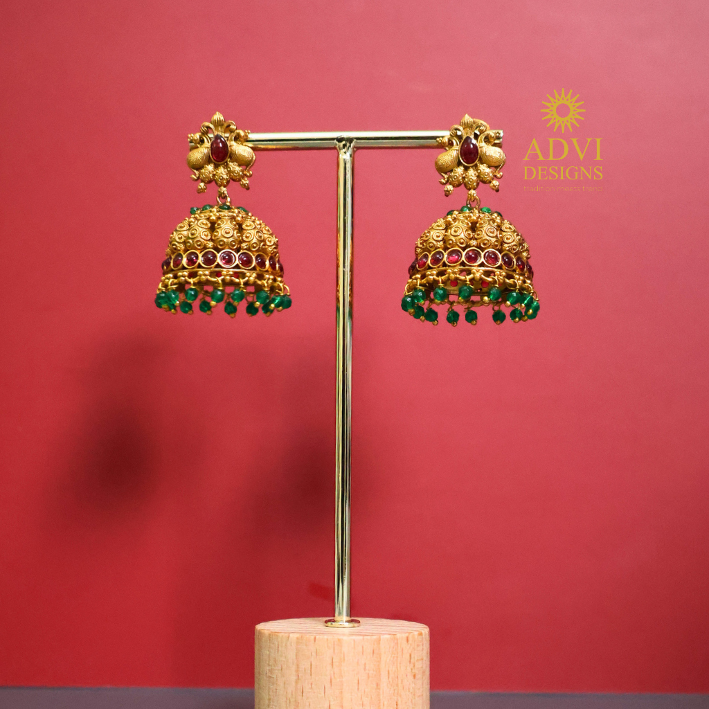Antique Gold Ruby & Emerald Bead Jhumka Earrings