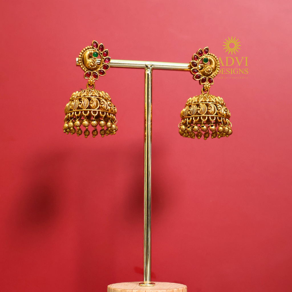 Antique Gold Peacock Jhumka Earrings with Ruby Accents