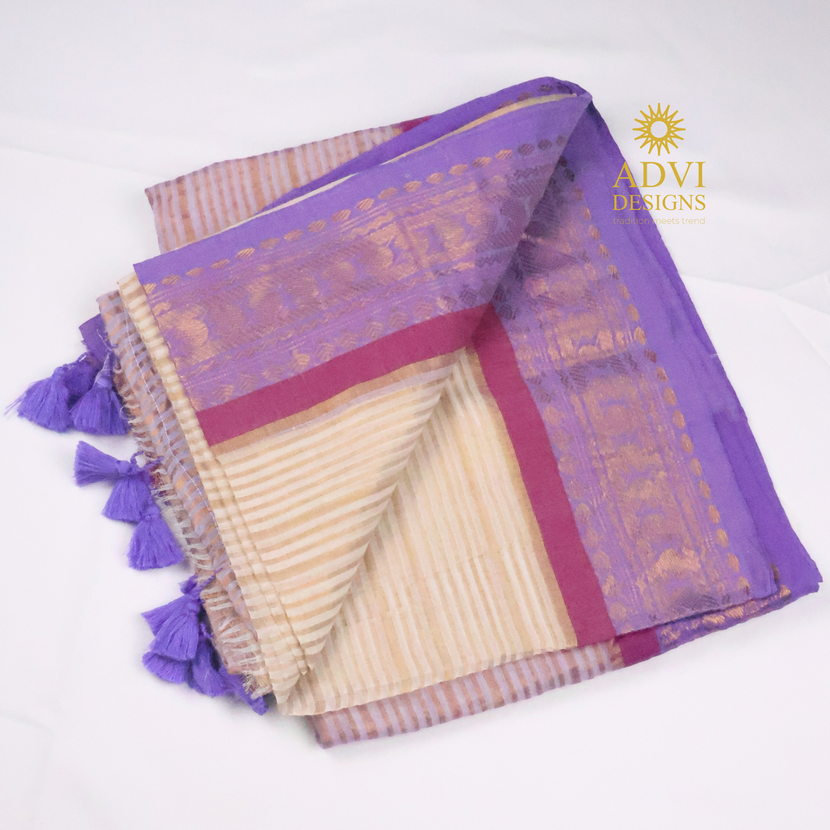 Lavender & Beige Mul Cotton Saree with Woven Zari Border