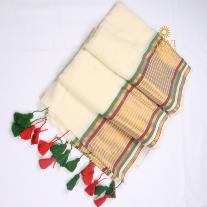 Cream Mul Cotton Saree with Multicolour Striped Border