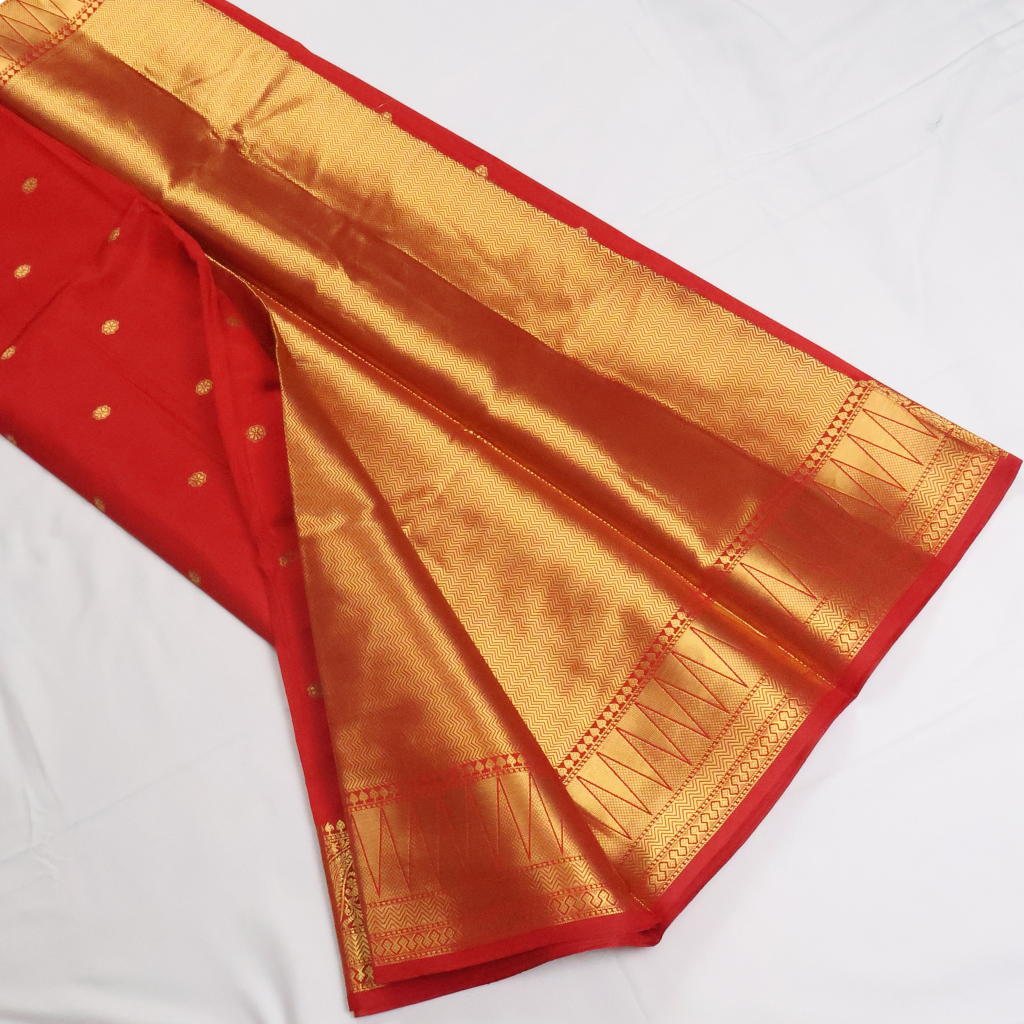 Chilli Red Banarasi Semi Katan Silk Saree with Rich Gold Zari Border