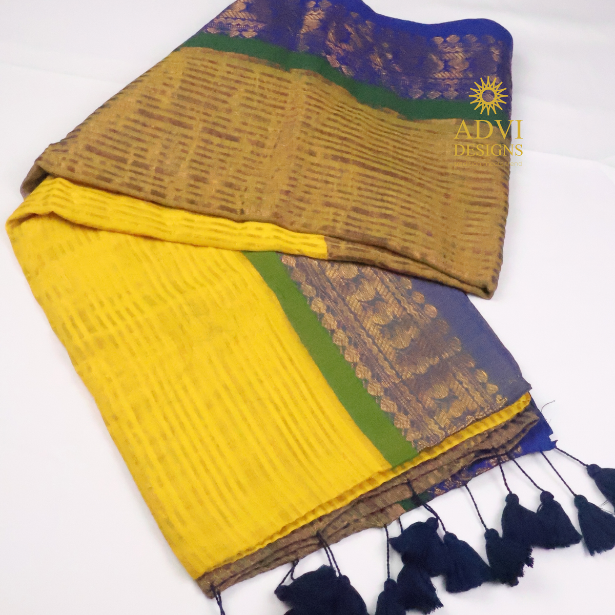 Royal Blue & Mustard Mul Cotton Saree with Woven Border