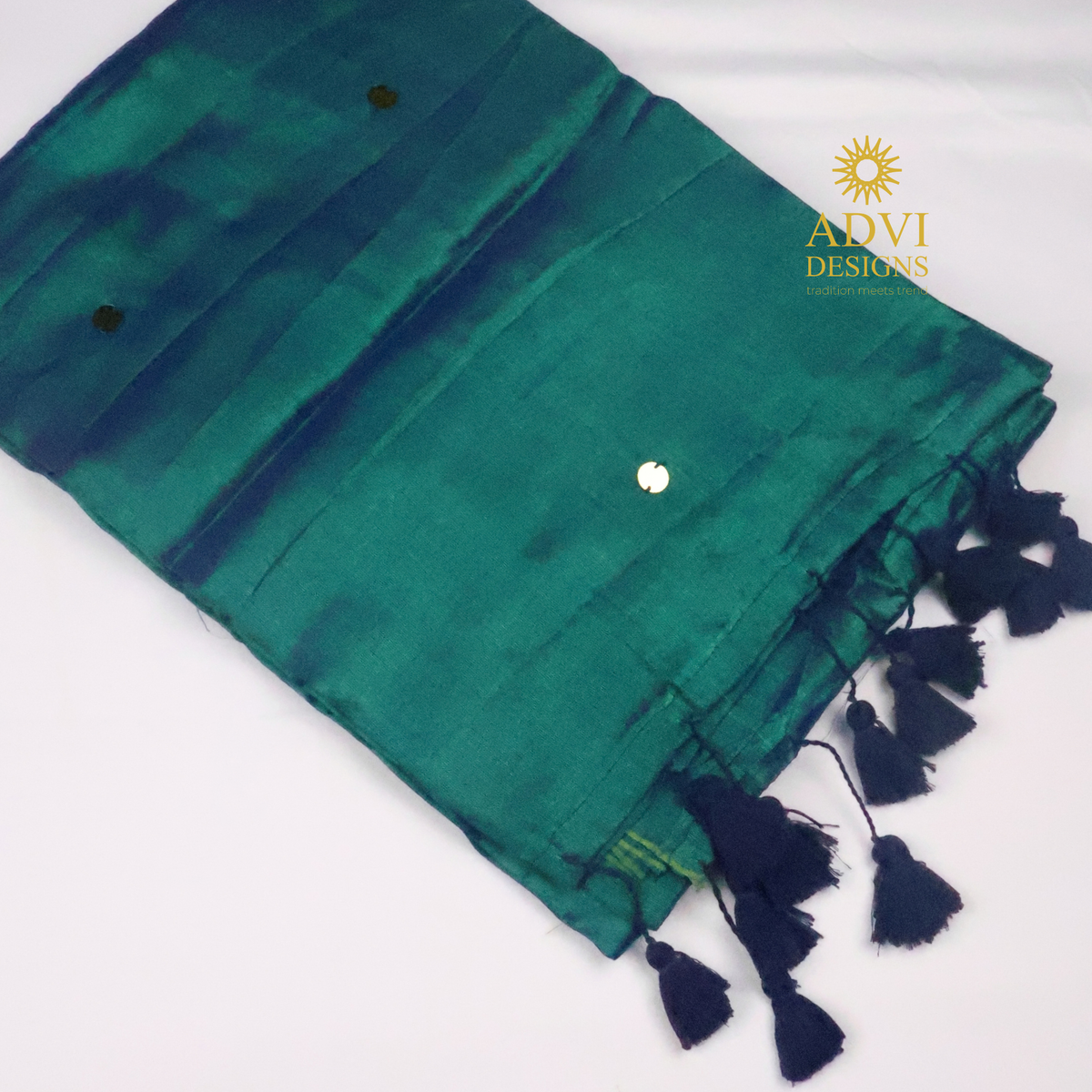 Peacock Green Gini Tissue Saree with Navy Blue Accents