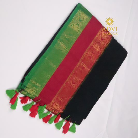 Black Mul Cotton Saree with Green & Red Zari Border
