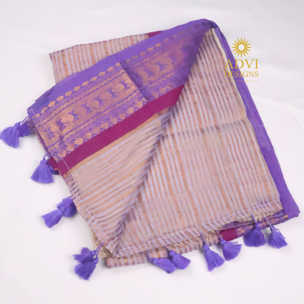 Lavender & Beige Mul Cotton Saree with Woven Zari Border
