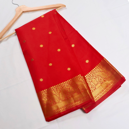 Chilli Red Banarasi Semi Katan Silk Saree with Rich Gold Zari Border