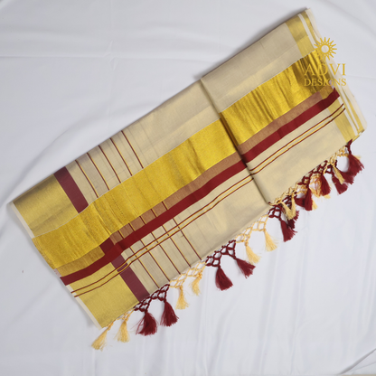 Premium Kerala Kasavu Tissue Set Saree with Maroon Border & Matching Blouse