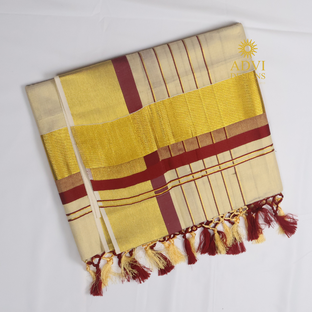 Premium Kerala Kasavu Tissue Set Saree with Maroon Border & Matching Blouse