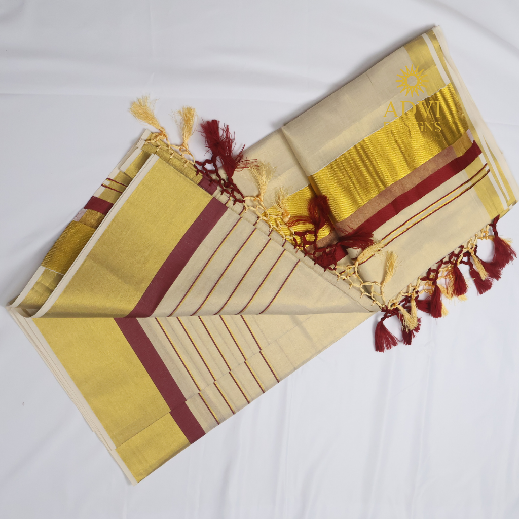Premium Kerala Kasavu Tissue Set Saree with Maroon Border & Matching Blouse